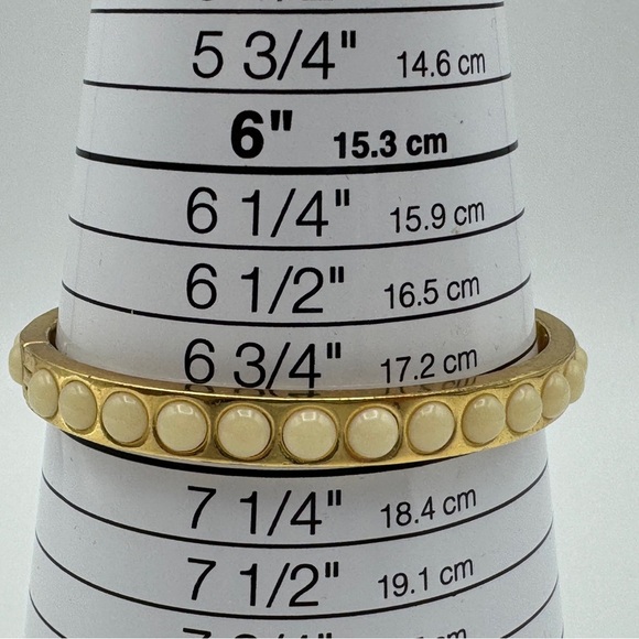 J.Crew Gold Tone Bangle Bracelet 7” Cream Enamel Dots Hinged Design - Picture 3 of 5